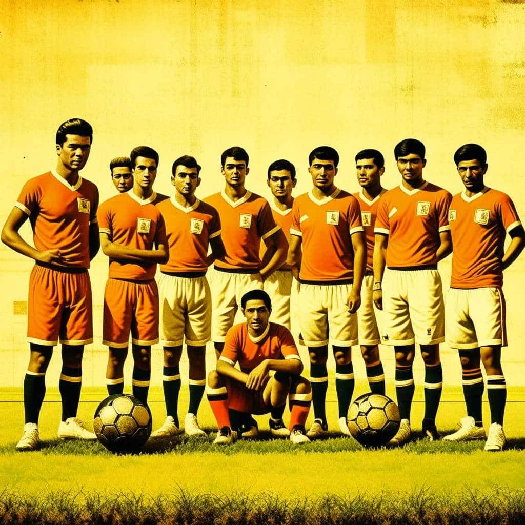 Vintage sepia-toned photograph of the Indian National Football team from the 1960s, posing with trophies