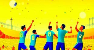 Indian National Football team players celebrating victory on a lush green football field at sunset