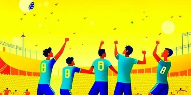 Indian National Football team players celebrating victory on a lush green football field at sunset