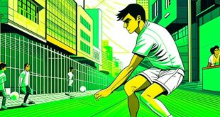 Ricardo Kaka Biography: Young Kaka dribbling a soccer ball on a vibrant Brazilian street at sunset