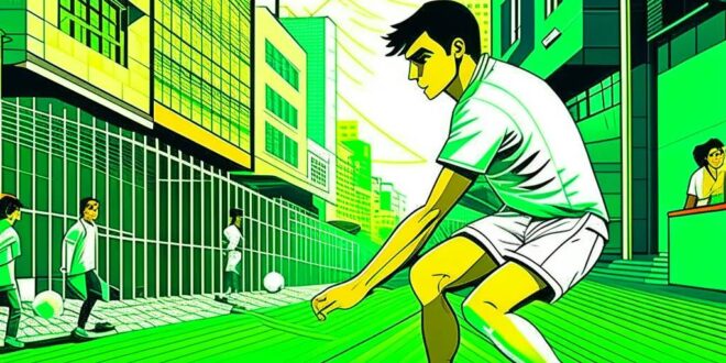 Ricardo Kaka Biography: Young Kaka dribbling a soccer ball on a vibrant Brazilian street at sunset