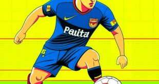 Xavi Hernandez Biography: Xavi in Barcelona jersey dribbling soccer ball on Camp Nou field under bright stadium lights