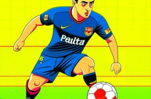 Xavi Hernandez Biography: Xavi in Barcelona jersey dribbling soccer ball on Camp Nou field under bright stadium lights