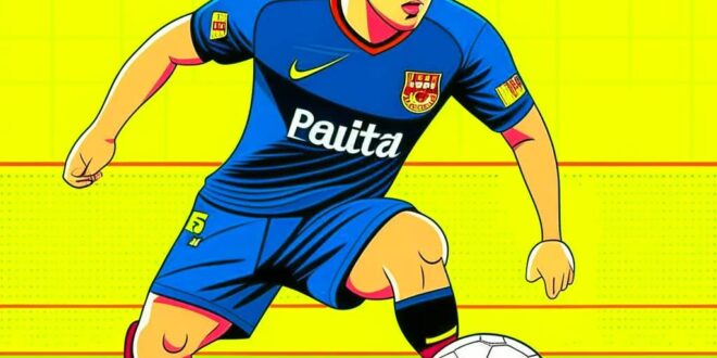 Xavi Hernandez Biography: Xavi in Barcelona jersey dribbling soccer ball on Camp Nou field under bright stadium lights